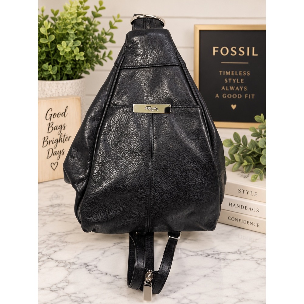 Fossil Black Pebbled Leather Sling Backpack Convertible Zipper Strap Bag